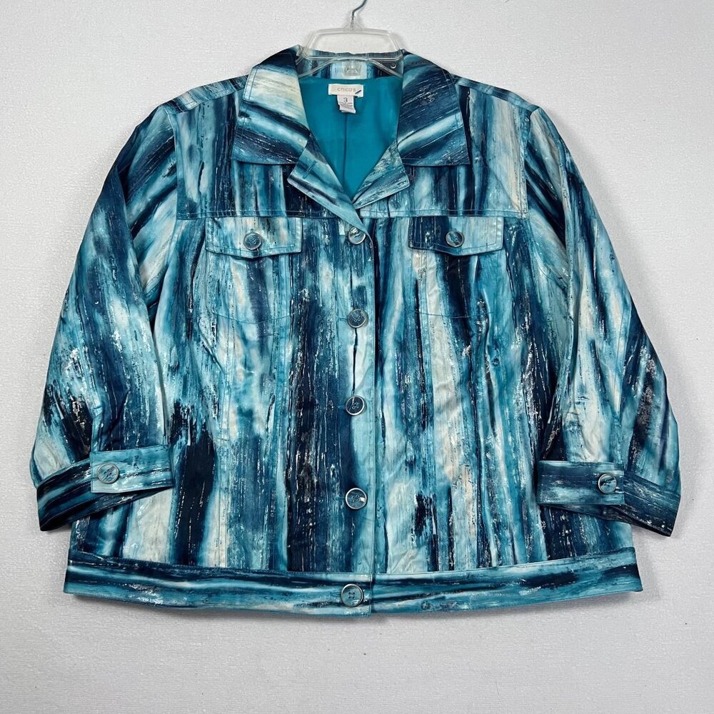 Chico's Womens Sz 3 Blue White Metallic Splash Design Blazer Jacket Size XL‎